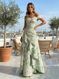 Jacquard A-Line Off the Shoulder Formal Dresses with Ruffles