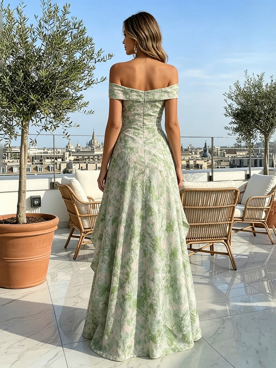Jacquard A-Line Off the Shoulder Formal Dresses with Ruffles