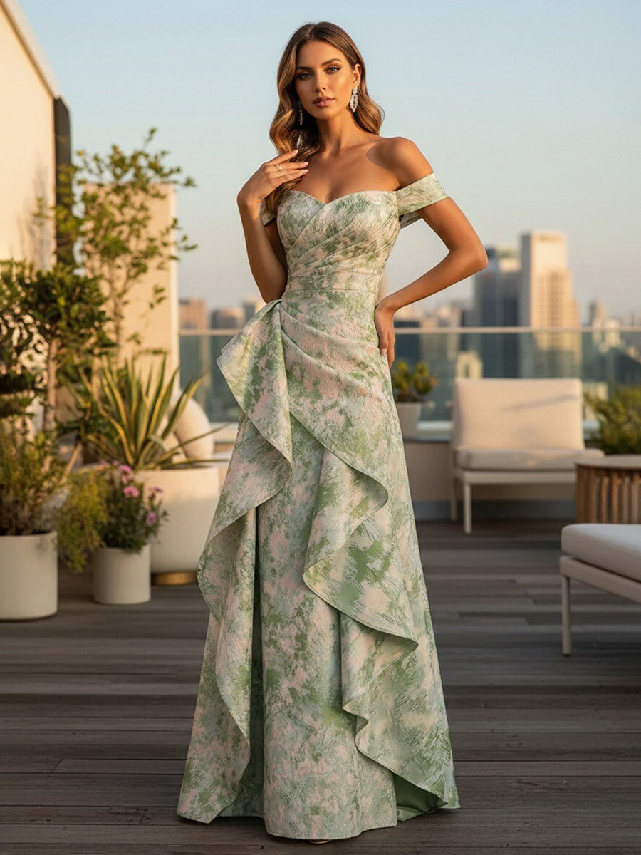 Jacquard A-Line Off the Shoulder Formal Dresses with Ruffles