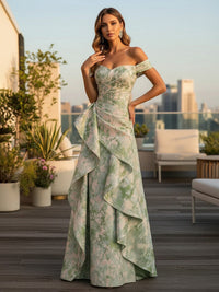 Jacquard A-Line Off the Shoulder Formal Dresses with Ruffles