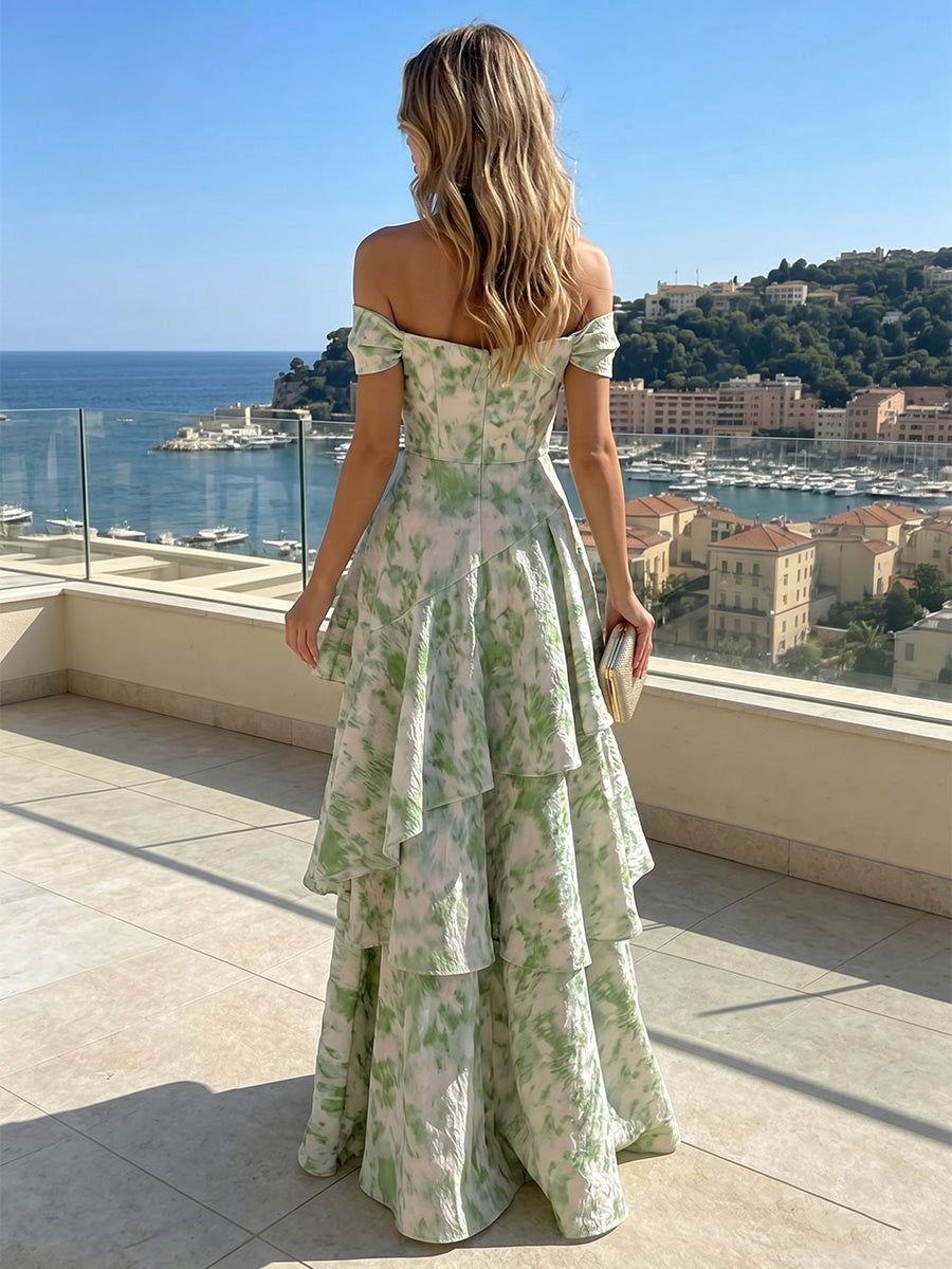 Jacquard A-Line Off the Shoulder Tiered Formal Dresses