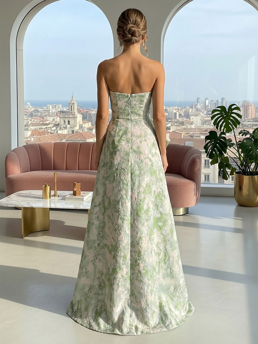 Jacquard A-Line Strapless Formal Dresses with Ruffles