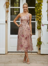 Tulle A-Line One Shoulder Formal Dresses with Floral Embroidery