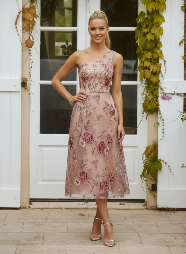 Tulle A-Line One Shoulder Formal Dresses with Floral Embroidery