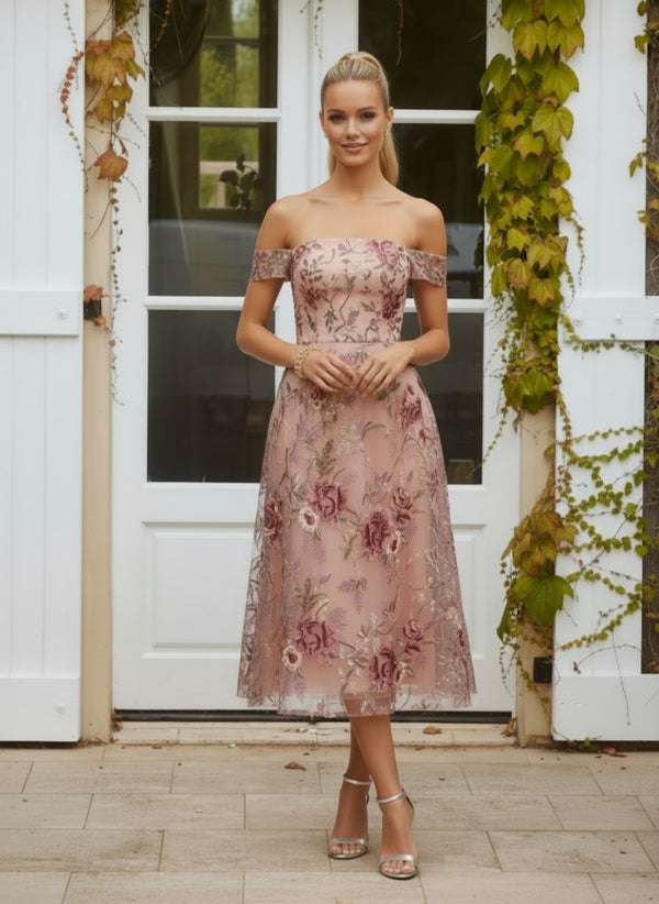 Tulle A-Line Off the Shoulder Formal Dresses with Floral Embroidery