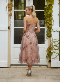Tulle A-Line Off the Shoulder Formal Dresses with Floral Embroidery