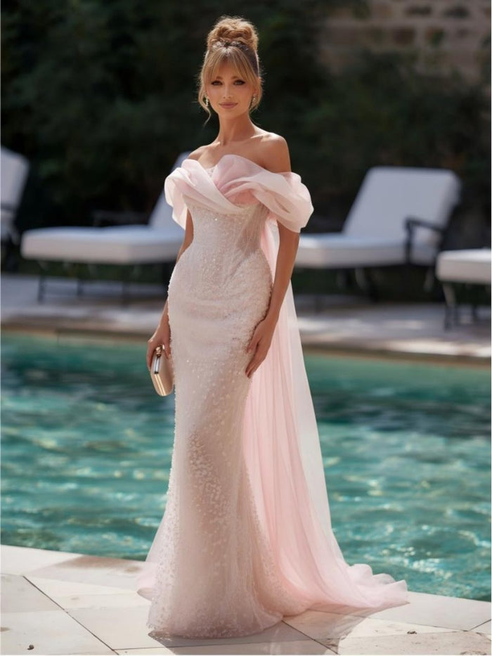 Organza Mermaid Off the Shoulder Beaded Formal Dresses