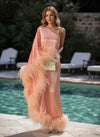 Satin Sheath One Shoulder Formal Dresses with Feathers