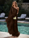 Satin Sheath One Shoulder Formal Dresses with Feathers