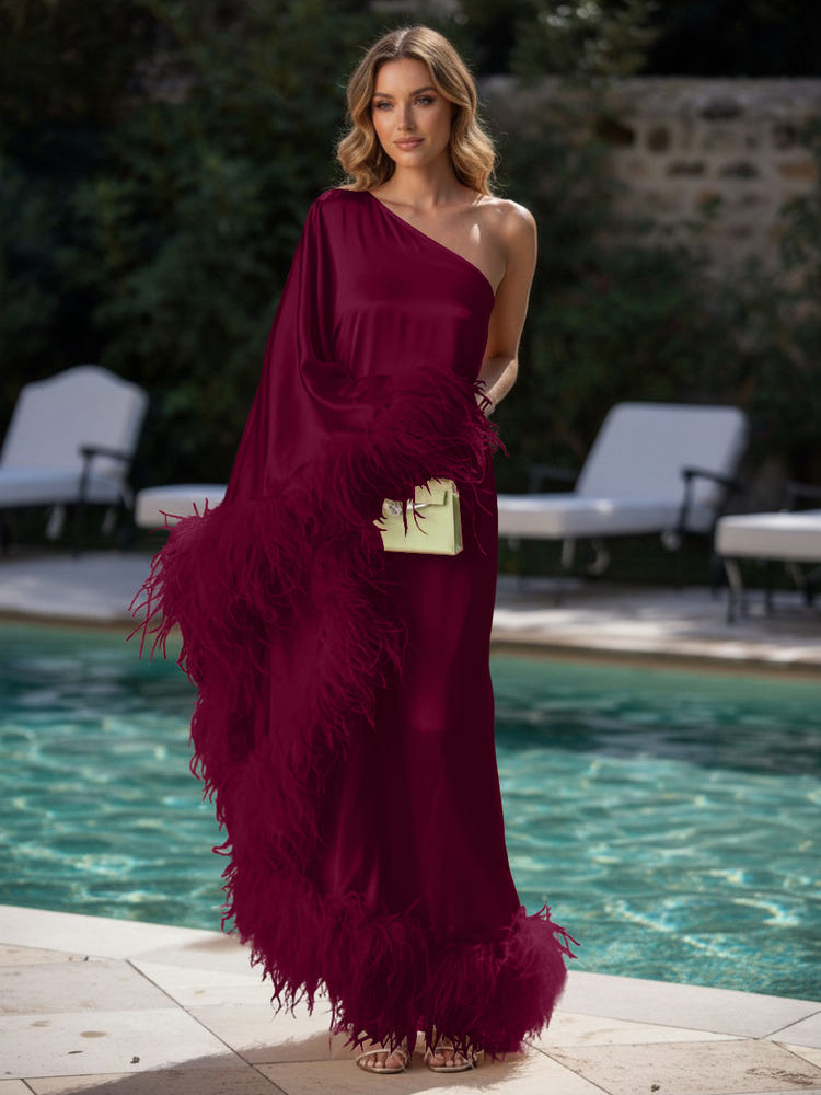 Satin Sheath One Shoulder Formal Dresses with Feathers