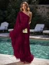 Satin Sheath One Shoulder Formal Dresses with Feathers
