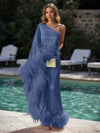 Satin Sheath One Shoulder Formal Dresses with Feathers
