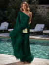 Satin Sheath One Shoulder Formal Dresses with Feathers