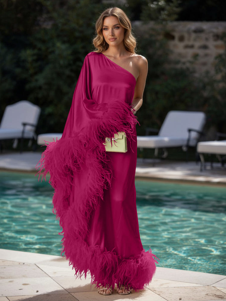 Satin Sheath One Shoulder Formal Dresses with Feathers