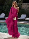 Satin Sheath One Shoulder Formal Dresses with Feathers