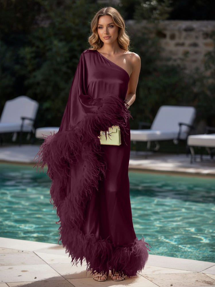 Satin Sheath One Shoulder Formal Dresses with Feathers