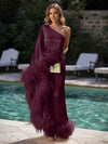 Satin Sheath One Shoulder Formal Dresses with Feathers