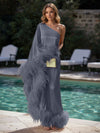 Satin Sheath One Shoulder Formal Dresses with Feathers