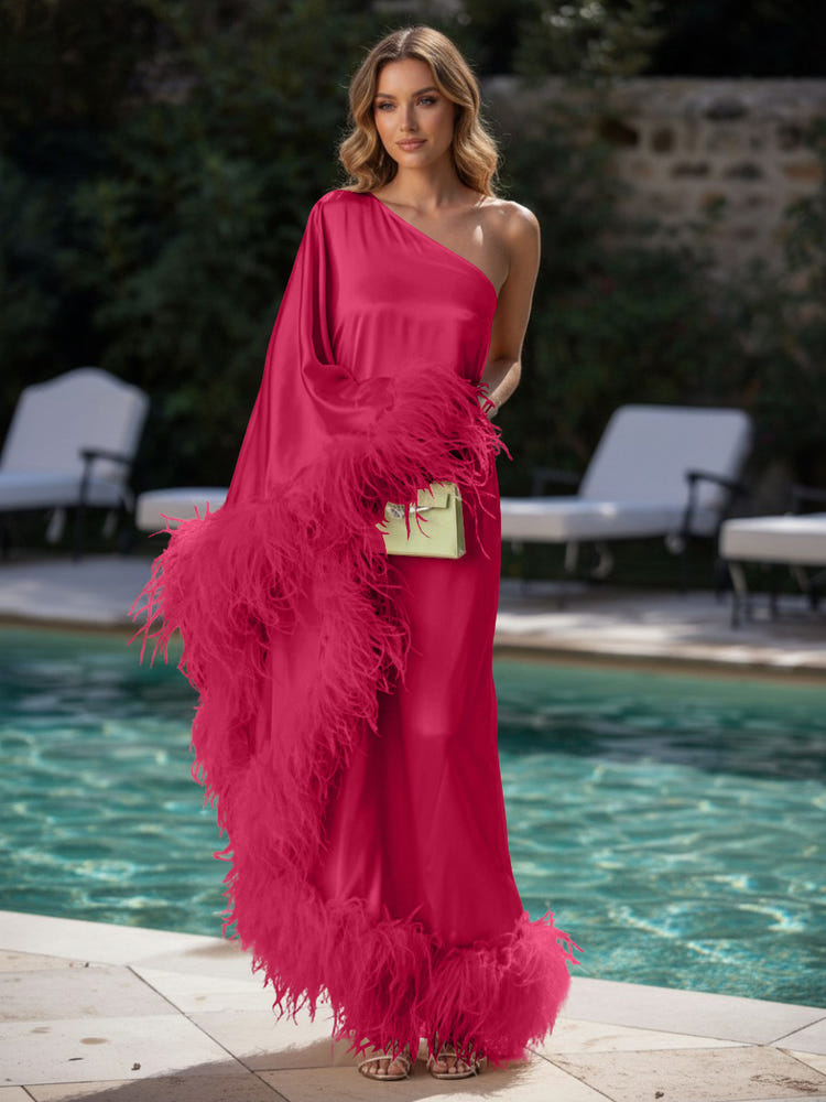 Satin Sheath One Shoulder Formal Dresses with Feathers