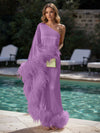 Satin Sheath One Shoulder Formal Dresses with Feathers