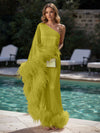 Satin Sheath One Shoulder Formal Dresses with Feathers