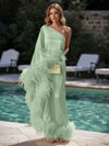 Satin Sheath One Shoulder Formal Dresses with Feathers