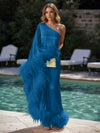 Satin Sheath One Shoulder Formal Dresses with Feathers