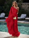 Satin Sheath One Shoulder Formal Dresses with Feathers