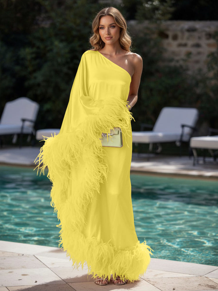 Satin Sheath One Shoulder Formal Dresses with Feathers