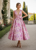 Jacquard A-Line V Neck Formal Dresses with Bow
