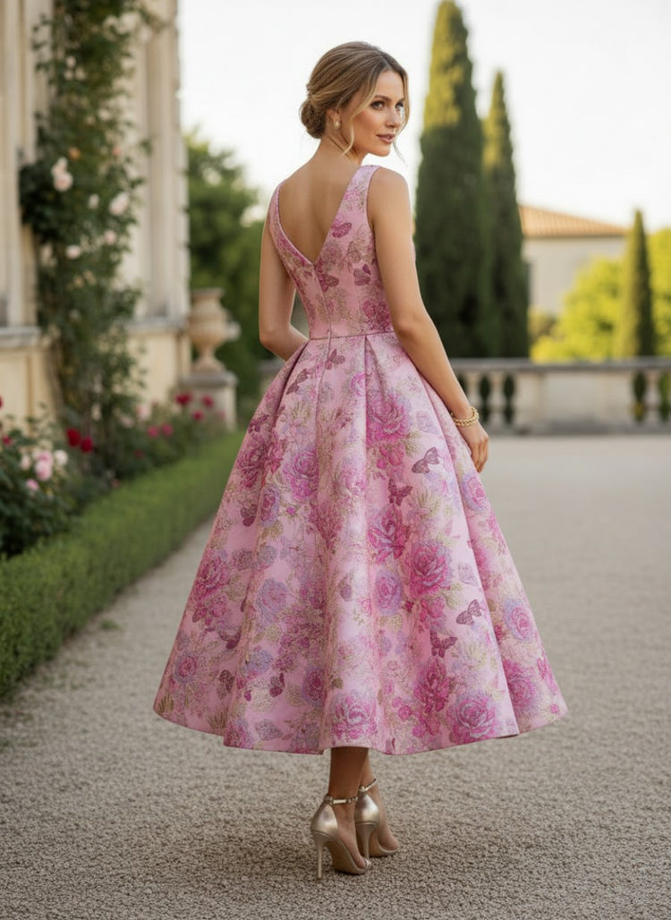 Jacquard A-Line V Neck Formal Dresses with Bow