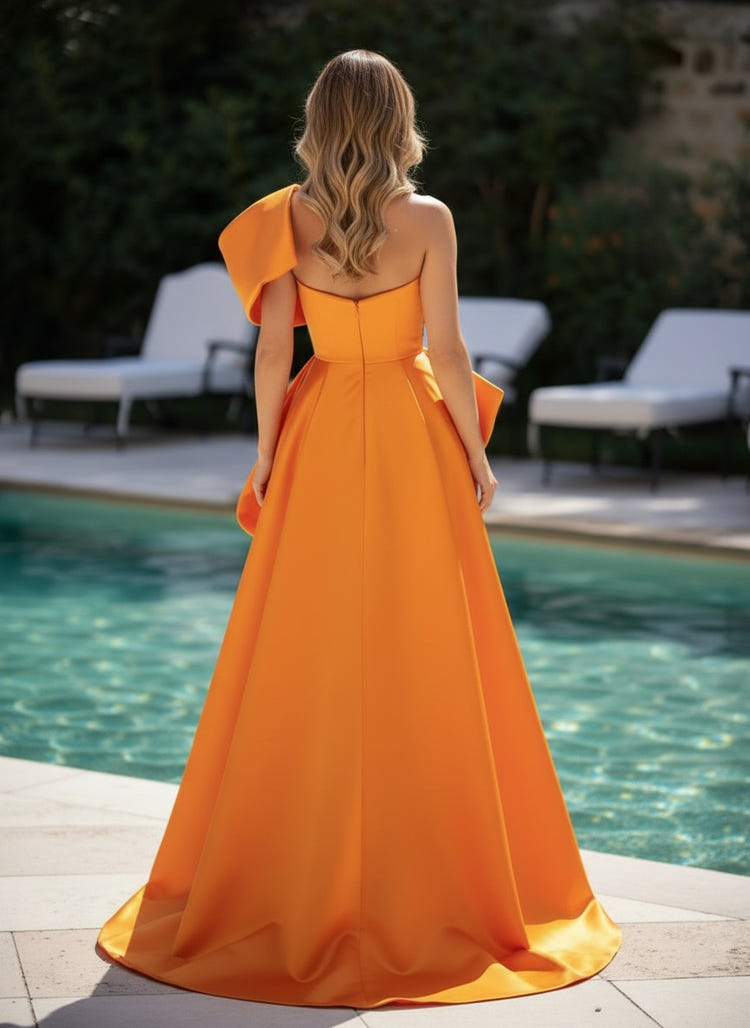 Satin A-Line Strapless Formal Dresses with Side Slit