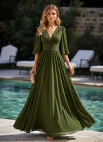 Chiffon A-Line V Neck Delicate Pleated Formal Dresses