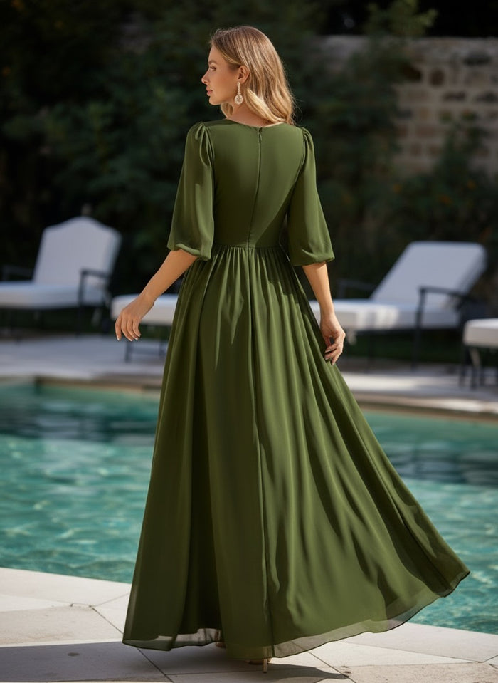 Chiffon A-Line V Neck Delicate Pleated Formal Dresses