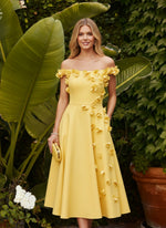 Satin A-Line Off the Shoulder Formal Dresses with 3D Flowers
