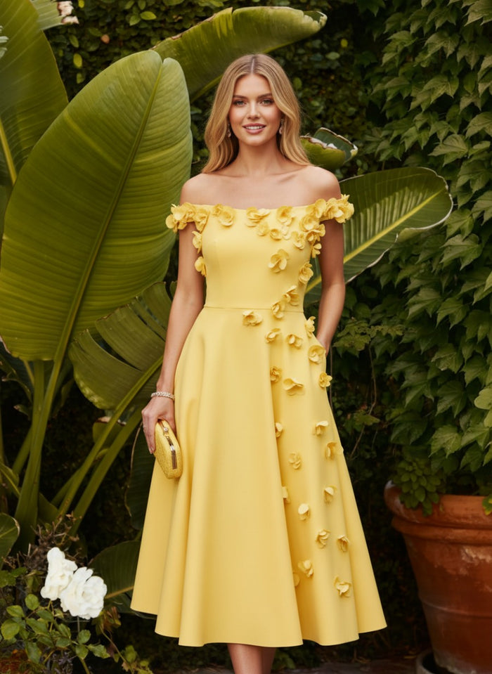 Satin A-Line Off the Shoulder Formal Dresses with 3D Flowers