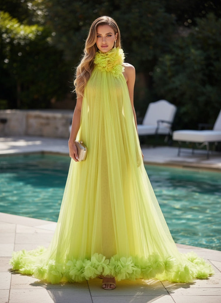 Chiffon A-Line Halter Formal Dresses with 3D Flowers