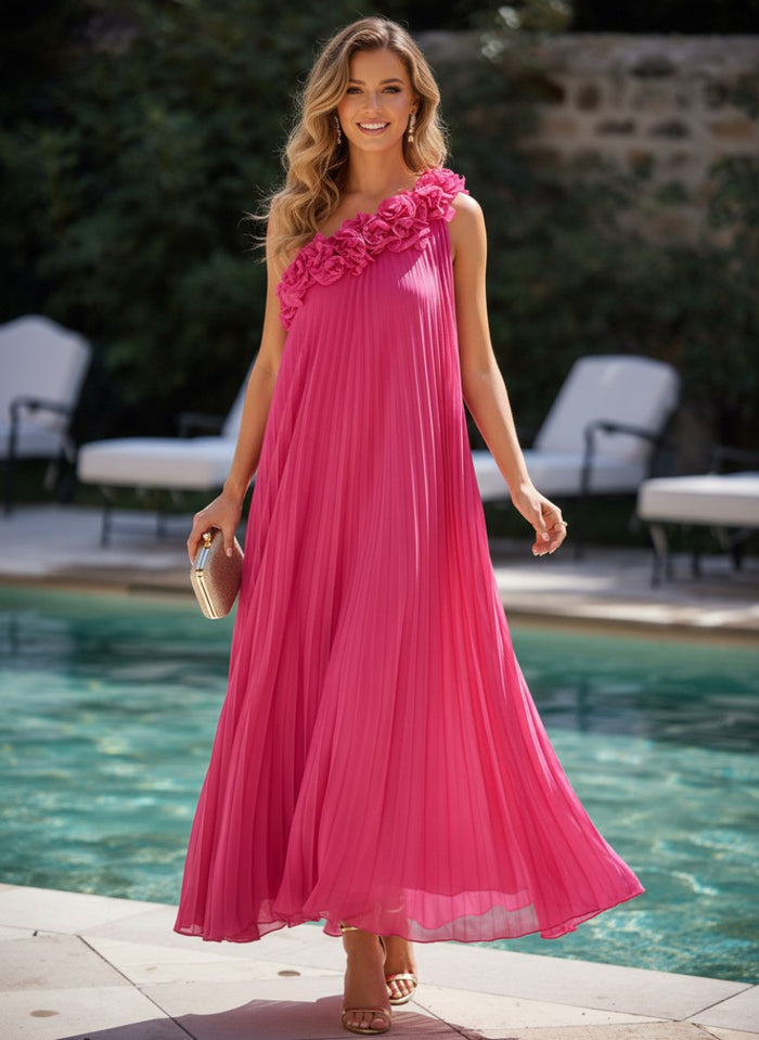 Chiffon A-Line One Shoulder Formal Dresses with 3D Flowers
