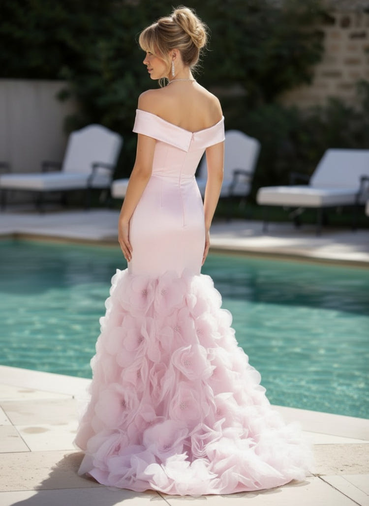 Tulle Mermaid Off the Shoulder Formal Dresses with 3D Flowers