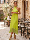 Satin Sheath Halter Formal Dresses with Tassel