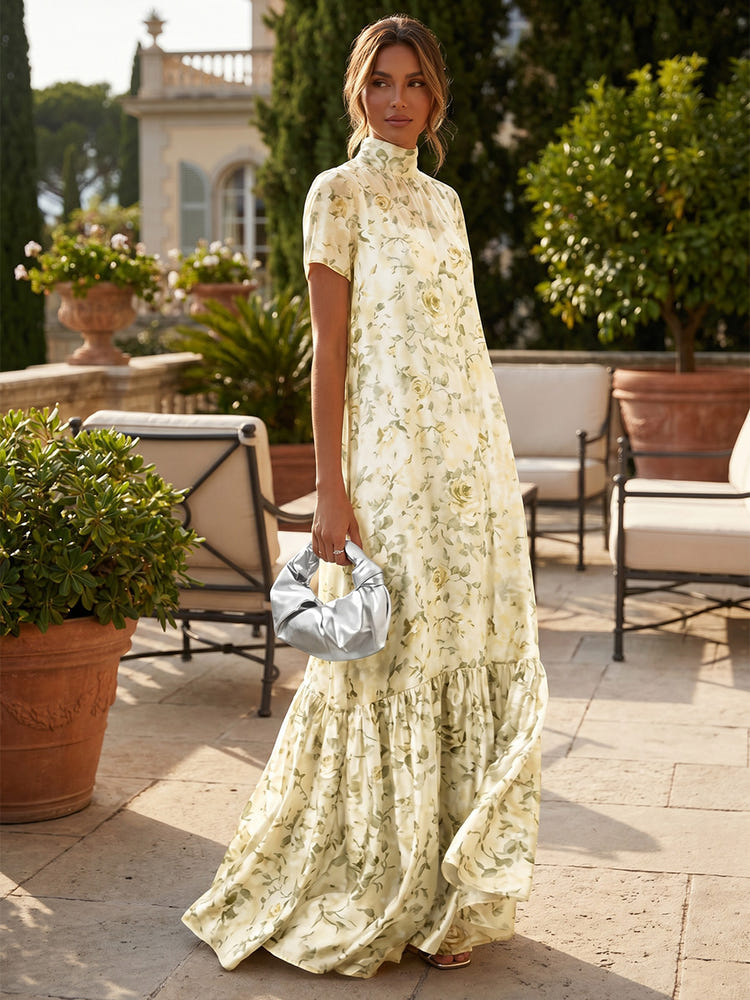 Cream Green Formal Evening Maxi Gowns 2026 for Women Ruffle Tiered Mock Neck Short Sleeve Full Length Summer Wedding Guest Cocktail Dress