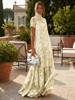 Satin A-Line High Neck Floral Print Formal Dresses