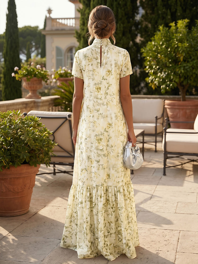 Satin A-Line High Neck Floral Print Formal Dresses