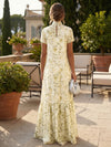 Satin A-Line High Neck Floral Print Formal Dresses