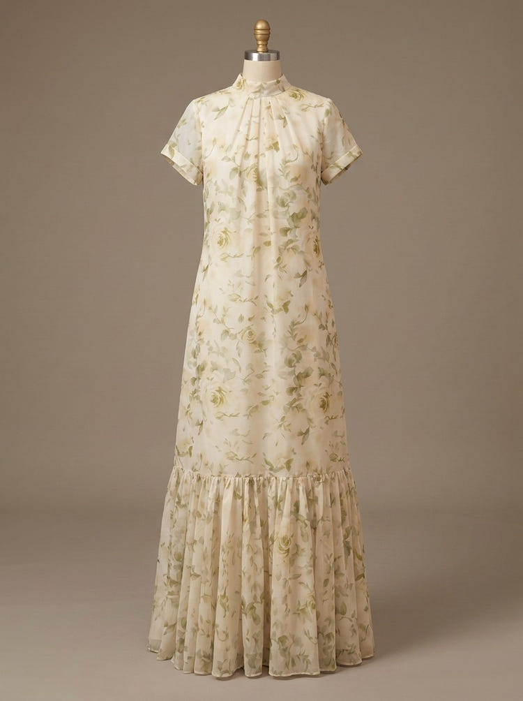 Chiffon A-Line High Neck Floral Print Formal Tent/ Trapeze Dresses