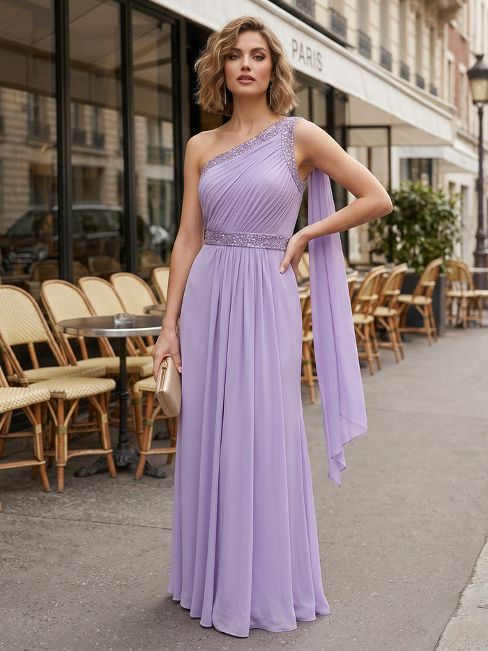 Chiffon A-Line One Shoulder Pleated Formal Dresses