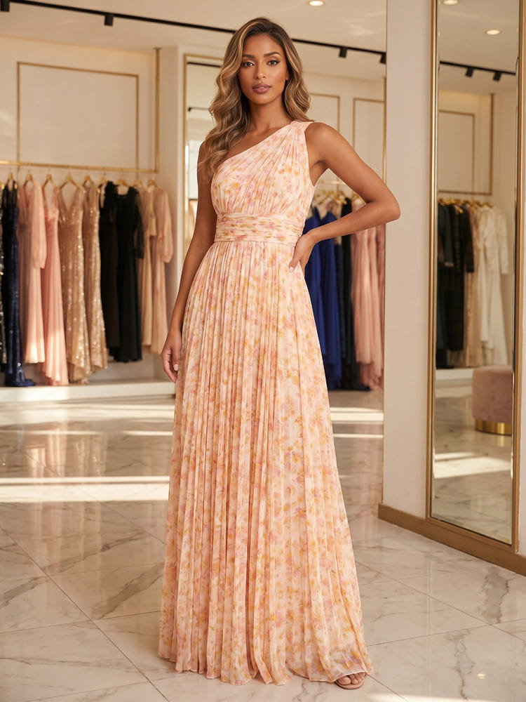 Chiffon A-Line One Shoulder Floral Print Formal Dresses