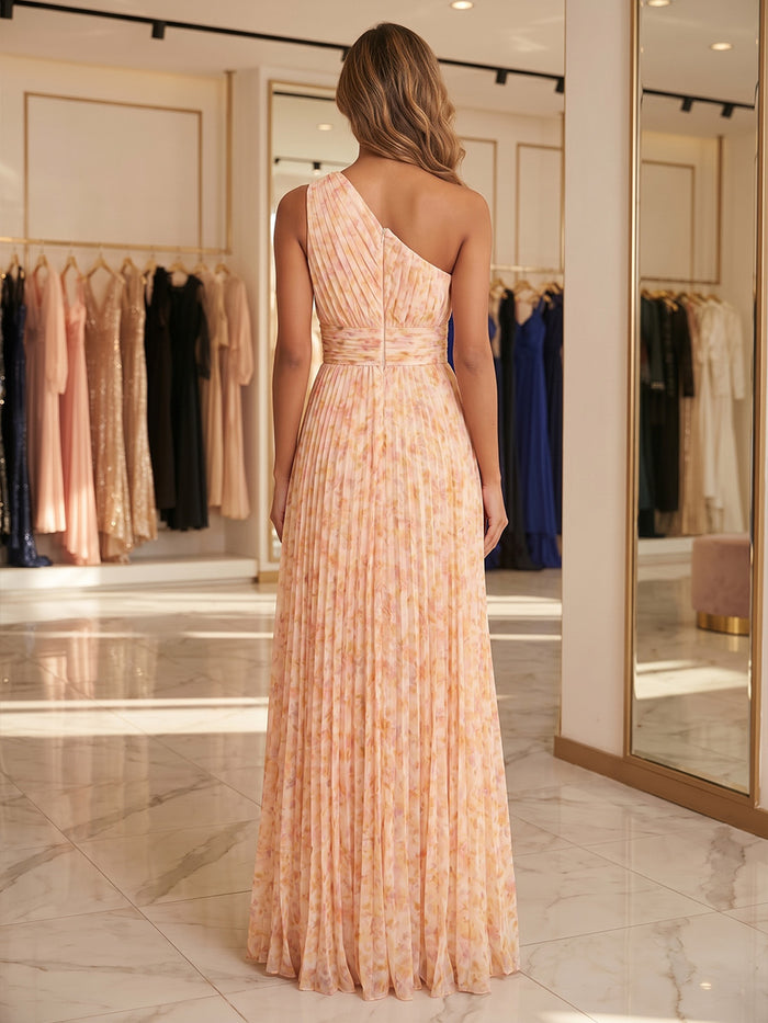 Chiffon A-Line One Shoulder Floral Print Formal Dresses