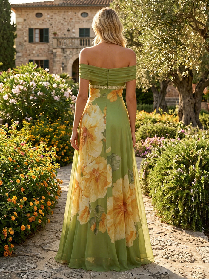 Chiffon A-Line Off the Shoulder Floral Print Formal Dresses