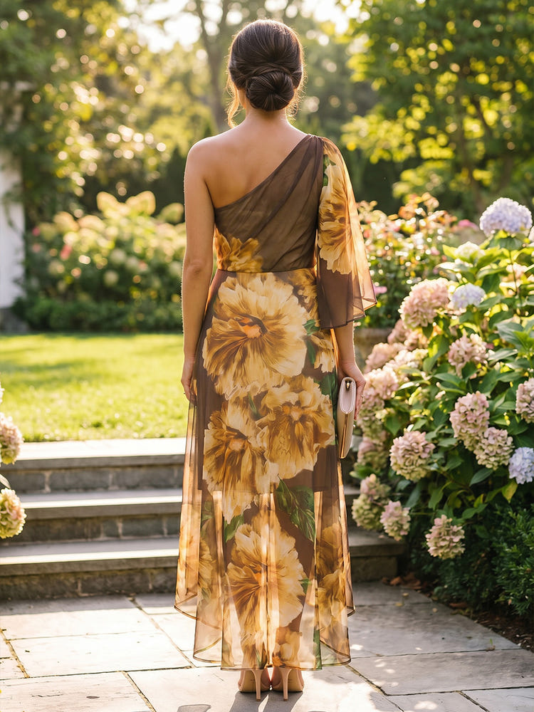 Chiffon High Low One Shoulder Floral Print Formal Dresses